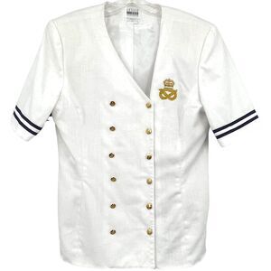 Vintage 80's Leslie Fay White‎ Sailor Double Breasted Blazer Gold Buttons 14